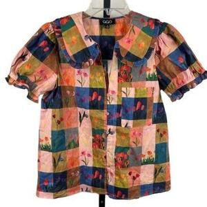 GiGiO USA Women's Medium Patchwork Floral Short Sleeve Blouse Top Cottagecore
